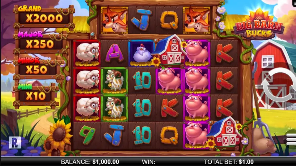 Big Barn Bucks slot game interface na may mga hayop sa bukid