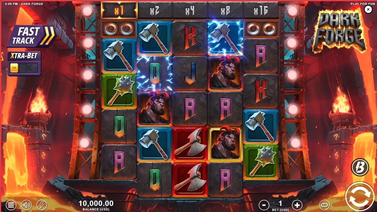 Isang madilim at maapoy na eksena mula sa Dark Forge slot na nagpapakita ng mga simbolo ng armas at pandayan.